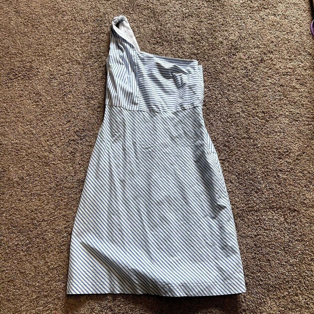 Banana Republic Knee Length Womens 2 Blue White Striped One Shoulder Sleeveless